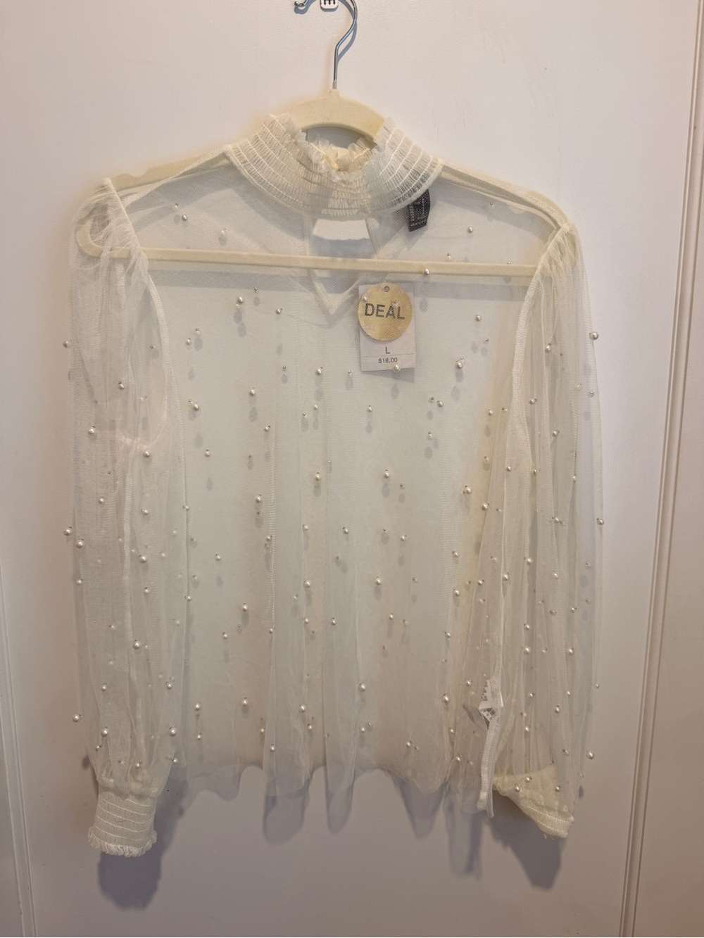 Forever 21 Ivory Pearl-Embellished Sheer Mock Neck Blouse